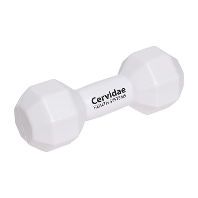 A white dumbbell-shaped stress reliever with rounded ends and a logo in the centre.