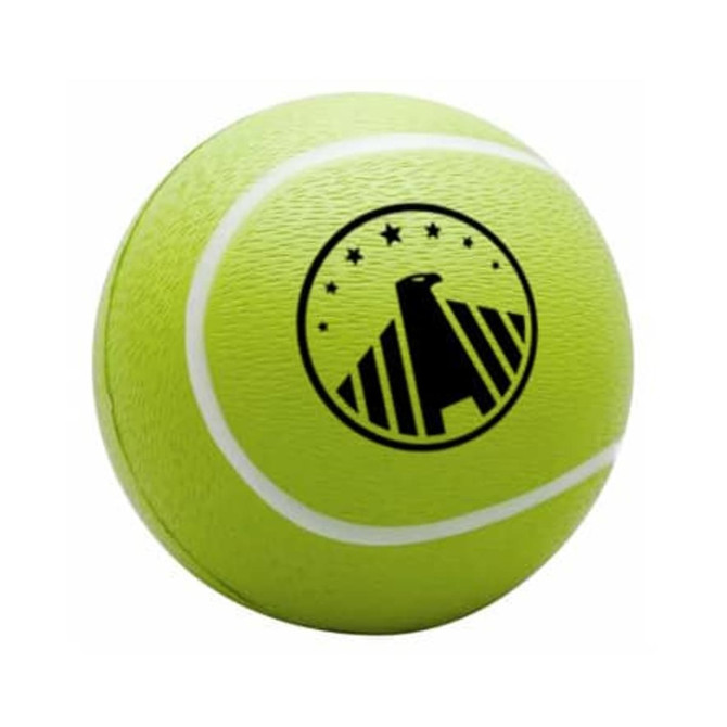 A bright yellow tennis-shaped stress reliever with a textured surface and a logo printed on it.