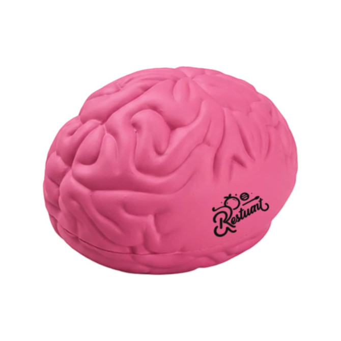 A pink brain-shaped stress reliever with a logo on its side, designed for fun and relaxation.