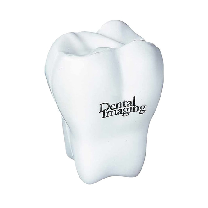 A white tooth-shaped stress reliever with a logo, designed as a fun keyring for stress relief.