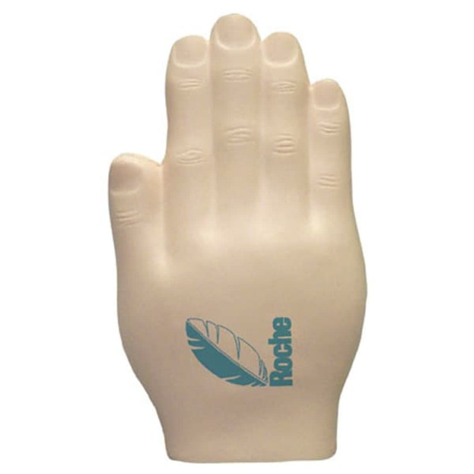 A palm-shaped stress reliever in light beige with a teal logo design.