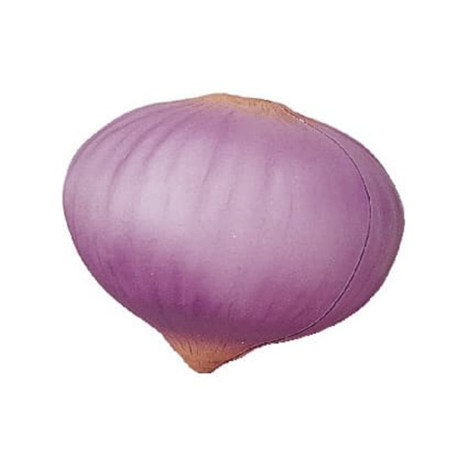 A purple onion-shaped stress reliever with a smooth finish, featuring a subtle gradient. It includes a logo.