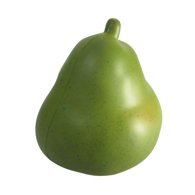 A green pear-shaped stress reliever with a smooth texture and subtle speckled detail. It features a logo.