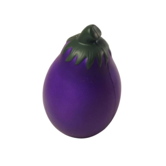 A purple eggplant-shaped stress reliever with a green stem. It has a smooth, matte finish and a round shape.