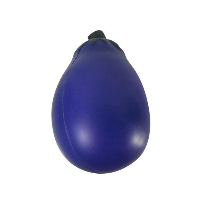 An eggplant-shaped stress reliever in purple with a green top, featuring a smooth, soft texture.