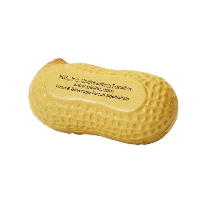 A yellow peanut-shaped stress reliever with a textured surface and a logo on the bottom.