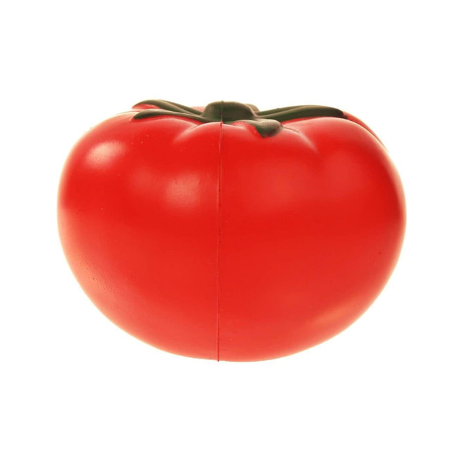 A bright red tomato-shaped stress reliever with green detailing at the top and a smooth surface, featuring a logo.