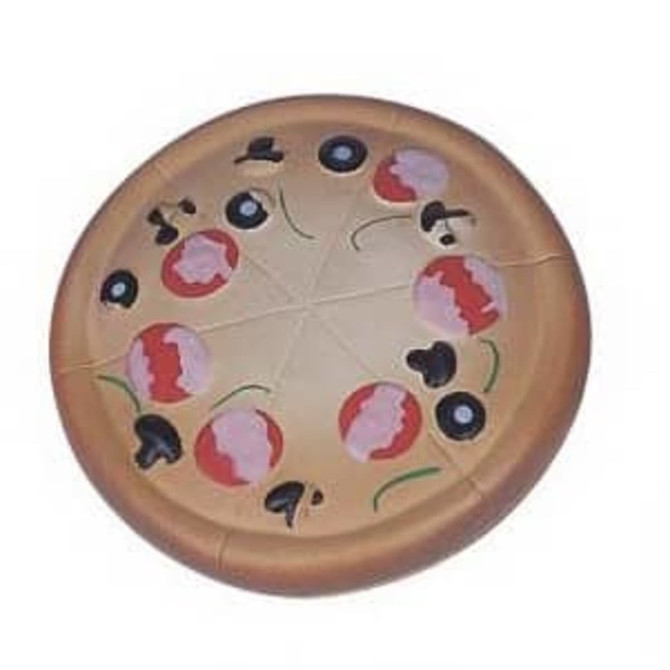 A pizza-shaped stress reliever in brown, featuring toppings like pepperoni, olives, and mushrooms. It has a logo.
