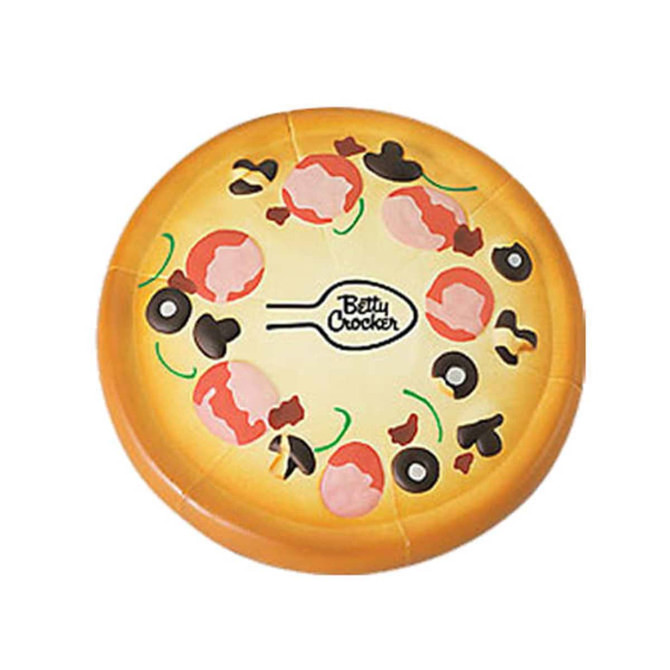 A pizza-shaped stress reliever featuring a variety of toppings, with a yellow crust and a logo in the centre.