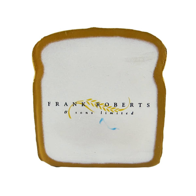 A toast-shaped stress reliever in white and brown, featuring a logo on its surface.