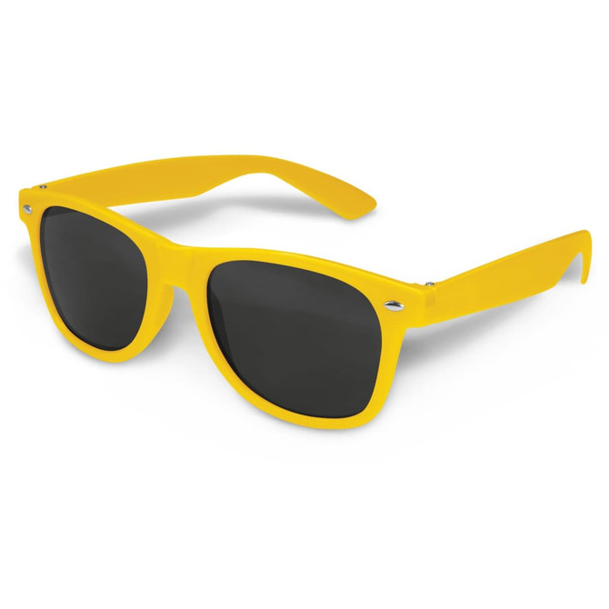A pair of yellow sunglasses with dark lenses, featuring a logo on the side.