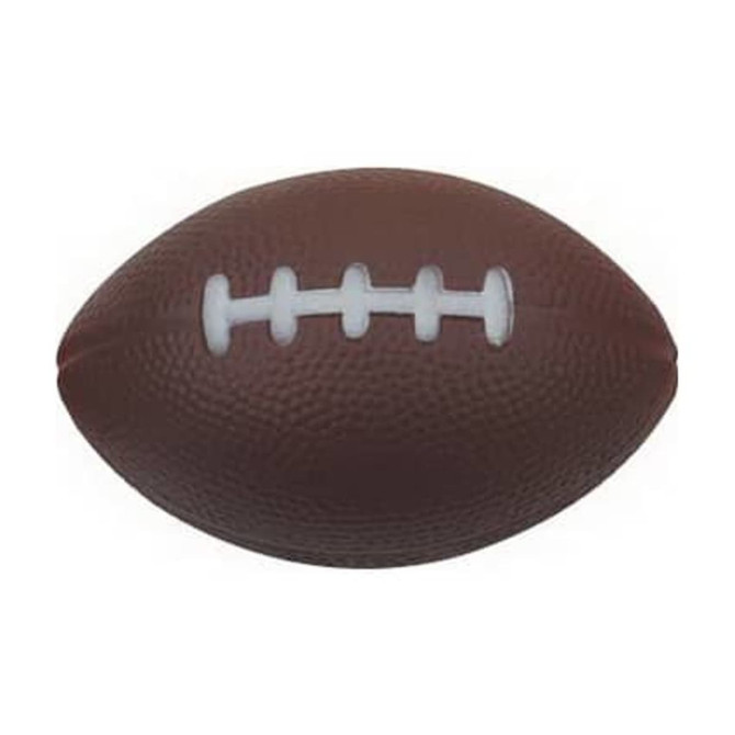 A brown rugby-shaped stress reliever with white laces, featuring a textured surface, displayed against a plain background.