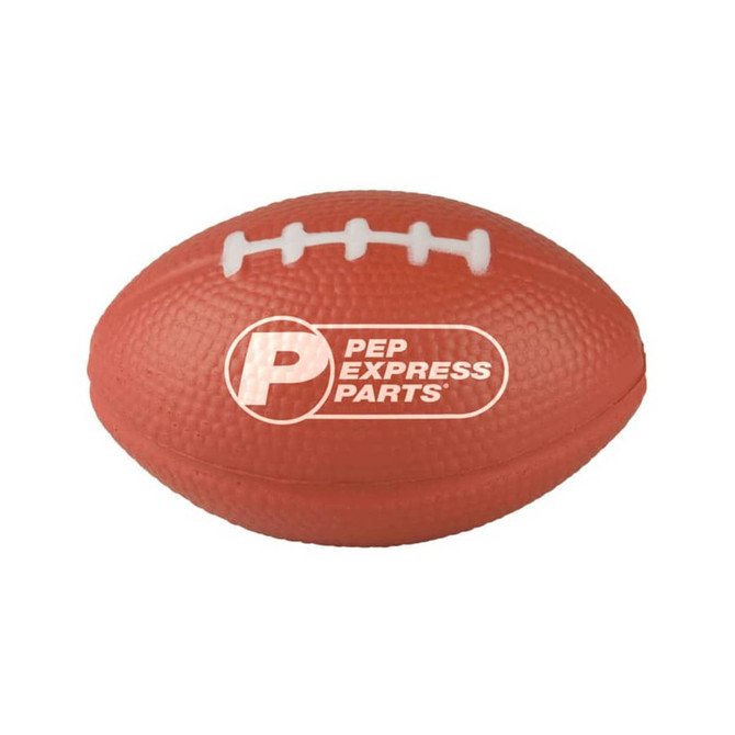 An orange rugby-shaped stress reliever with white detailing and a logo.