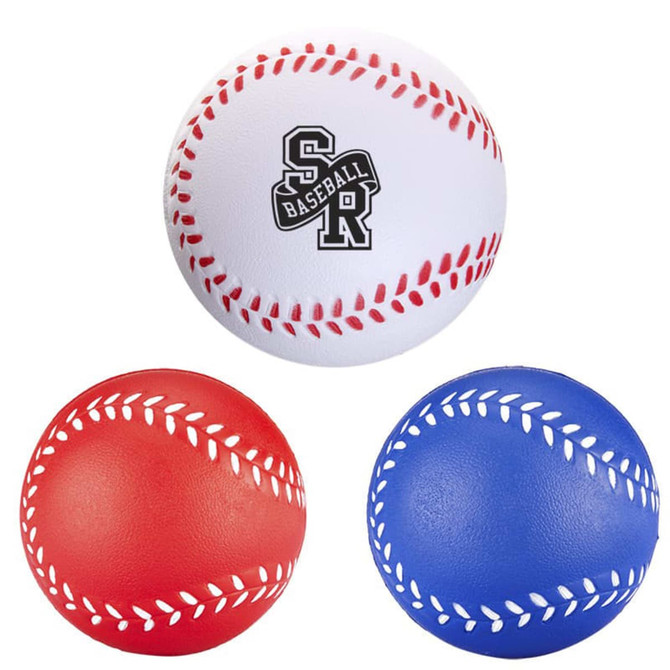A set of three baseball-shaped stress relievers in red, blue, and white, featuring a logo on the white ball.