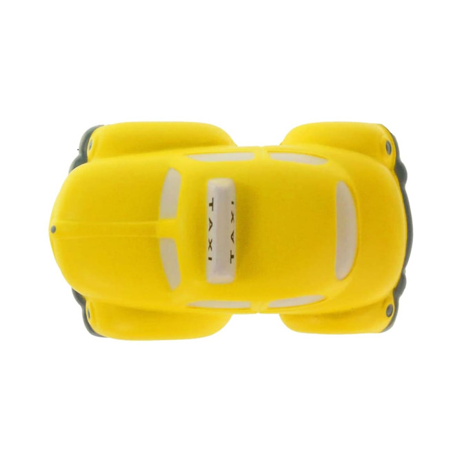 A yellow taxi-shaped stress reliever with grey accents, featuring a logo on the top.