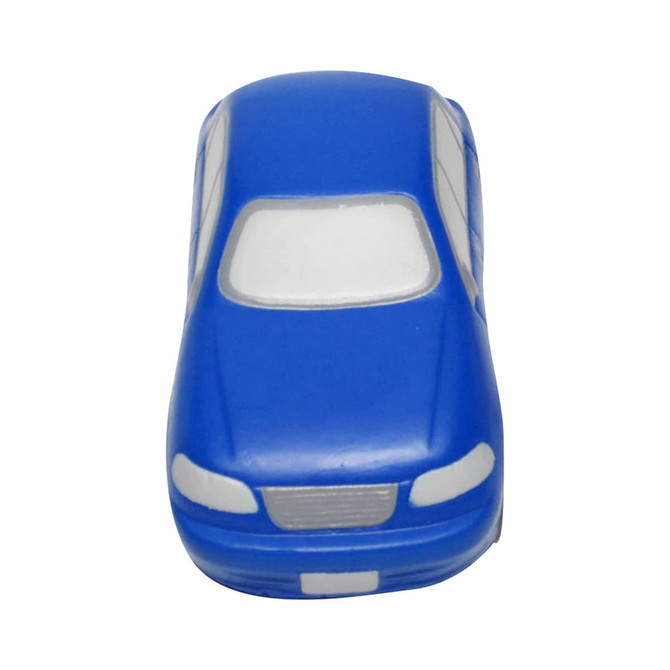A blue sedan car-shaped stress reliever with a smooth finish and white accents. It also has branding.