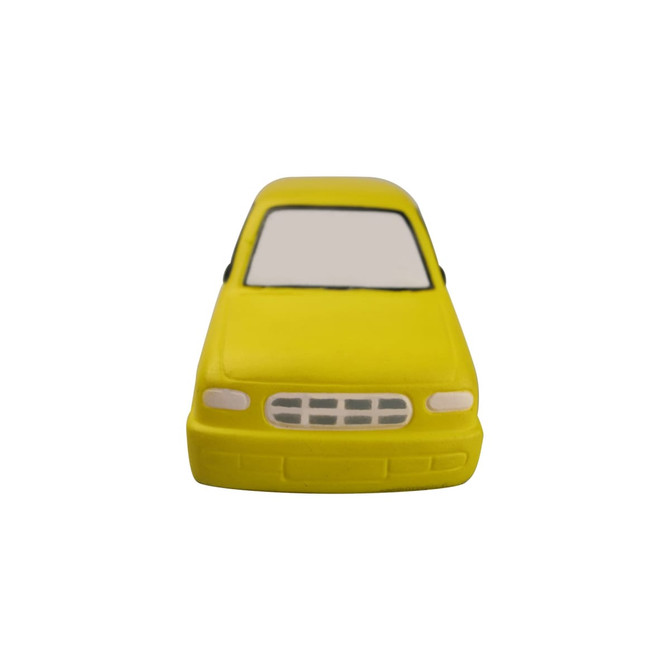 A yellow minibus-shaped stress reliever with a simple design and a blank front. It features a logo on one side.