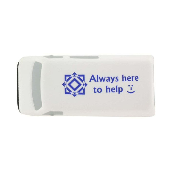 A white van-shaped stress reliever with a blue logo and text. Ideal for stress relief and fun.