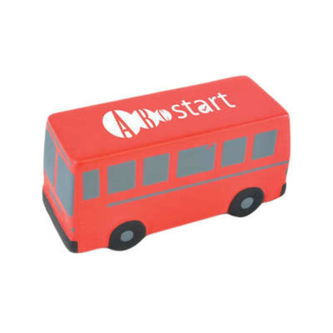 A red bus-shaped stress reliever with grey details and a logo on top. Suitable for fun and games.