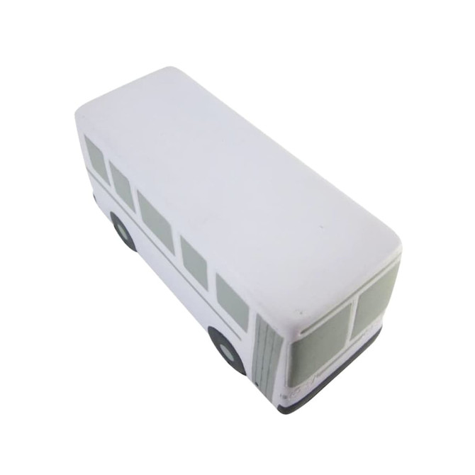A white stress reliever shaped like a city bus, featuring windows and wheels, with a simple design.