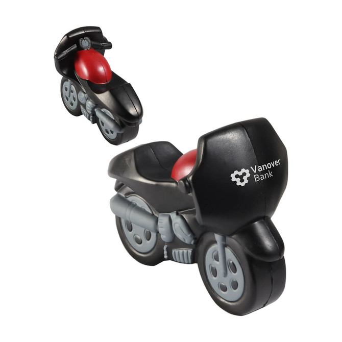 A black and grey motorbike-shaped stress reliever with red details and a logo on its side.