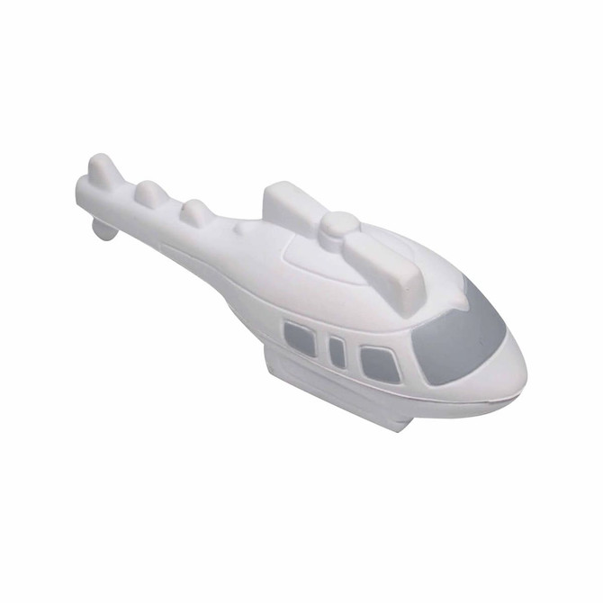 A white helicopter-shaped stress reliever with grey details and a small branding logo.