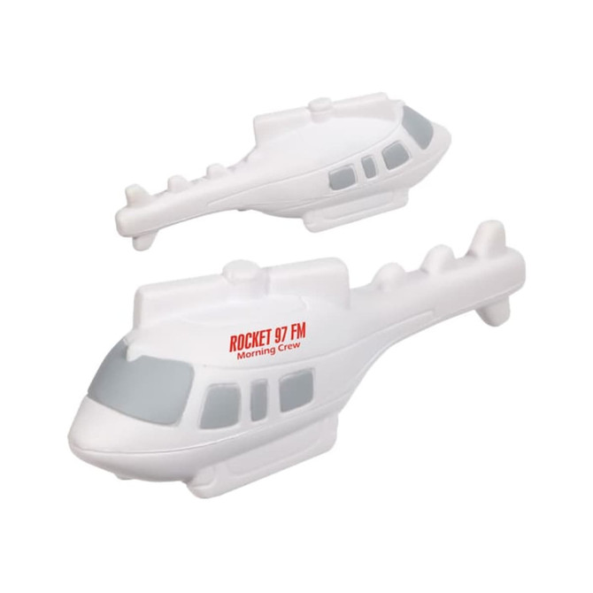 A white helicopter-shaped stress reliever with a grey windscreen and a logo on the side.