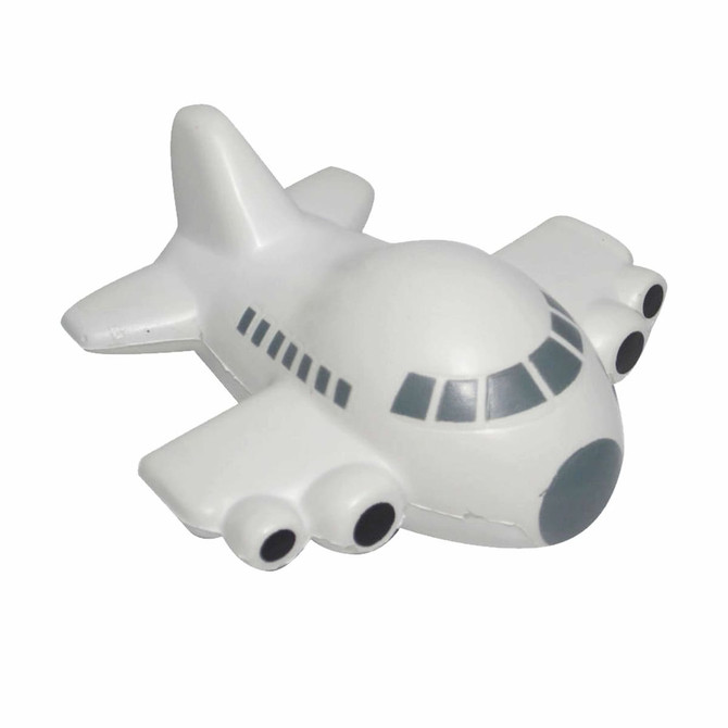 A white aircraft-shaped stress reliever with grey detailing, featuring multiple engines and a rounded nose.