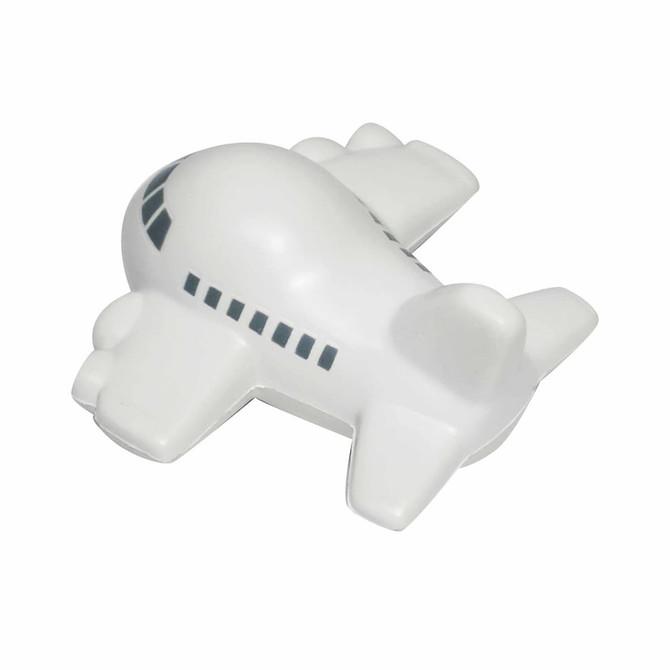 A white aircraft-shaped stress reliever with black detailing, featuring a logo on the surface.