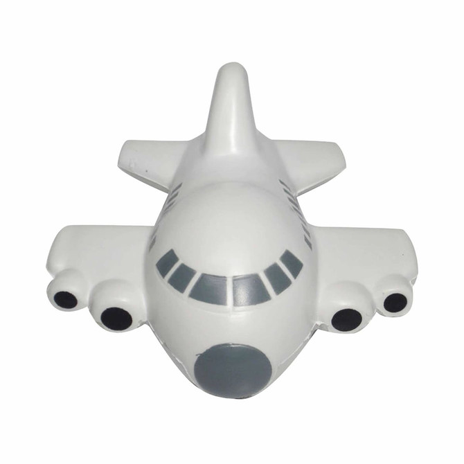 A white aircraft-shaped stress reliever with grey accents and black details. It features three engines and a logo.