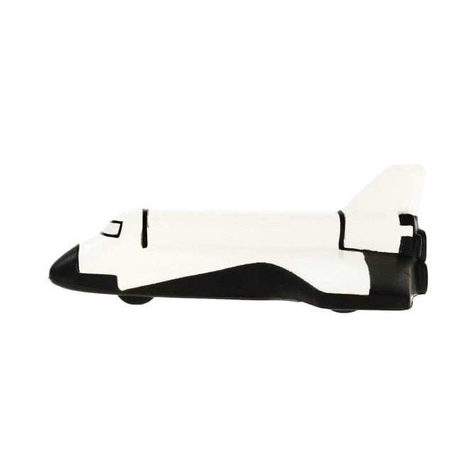 A shuttle-shaped stress reliever in white and black, designed for fun and relaxation. Features a logo.
