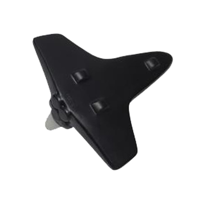 A black shuttle-shaped stress reliever with three raised buttons and a round base. It features a logo.