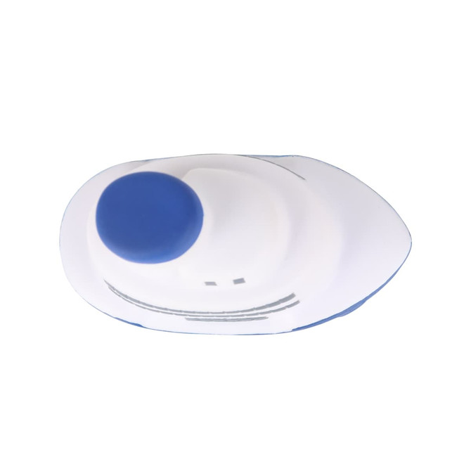 A ship-shaped stress reliever in white with blue accents, featuring a simple, smooth design.