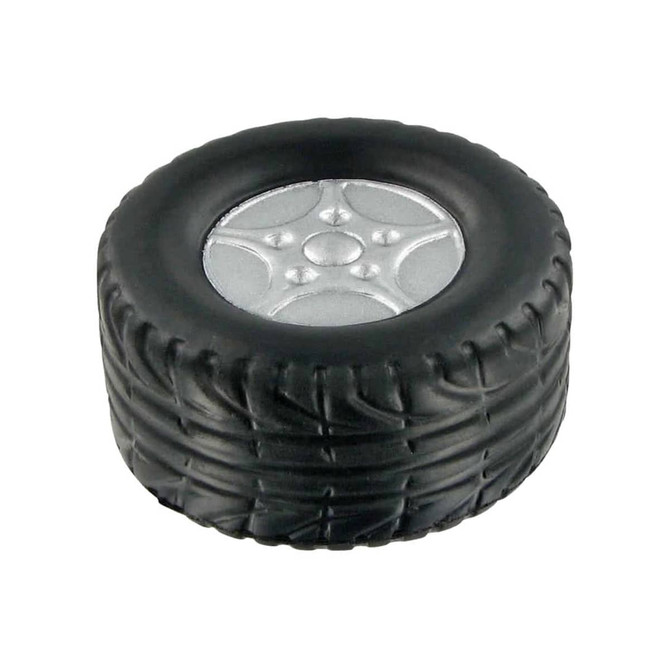 A black rubber stress reliever shaped like a tyre, with a silver wheel rim design on top.