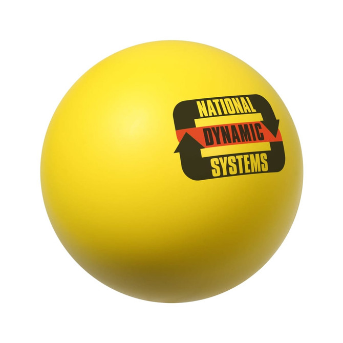 A yellow baseball-shaped stress reliever featuring a logo. Smooth surface suitable for squeezing.