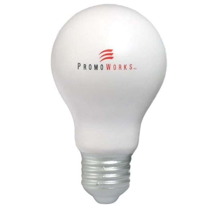 A white bulb-shaped stress reliever with a metal base and a logo on the surface.