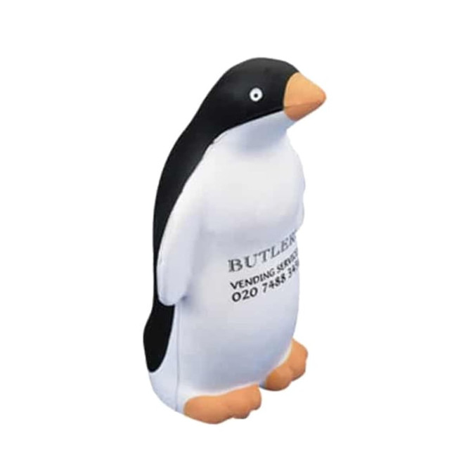 A black and white penguin-shaped stress reliever with a logo on its front.