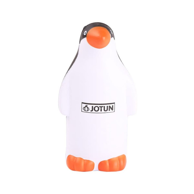 A white penguin-shaped stress reliever with orange features and a logo on its body.