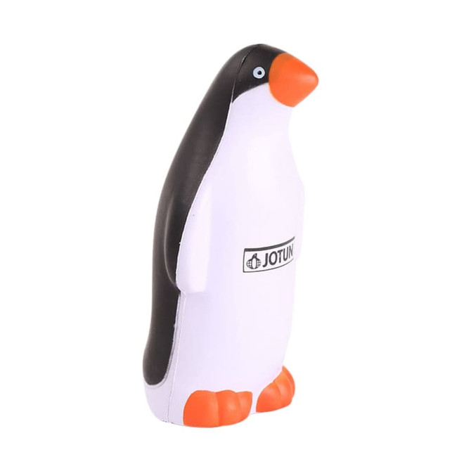 A penguin-shaped stress reliever in black, white, and orange, featuring a logo. Perfect for stress relief.