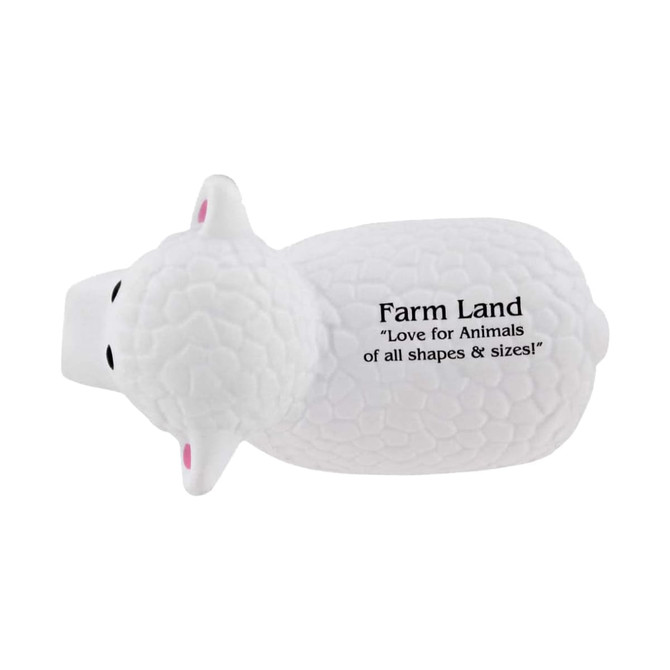 A white sheep-shaped stress reliever with a textured surface and a logo on one side.