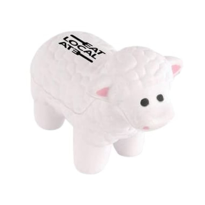 A white sheep-shaped stress reliever with a textured design and black branding on its side.