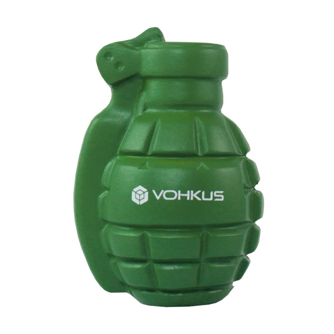 A green grenade-shaped stress reliever with a logo. The design mimics a military-style hand grenade.