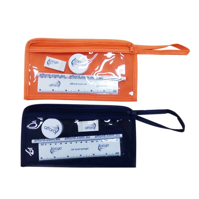 An orange and a black stationery pouch containing a ruler, rubber, and a pencil, featuring a logo.