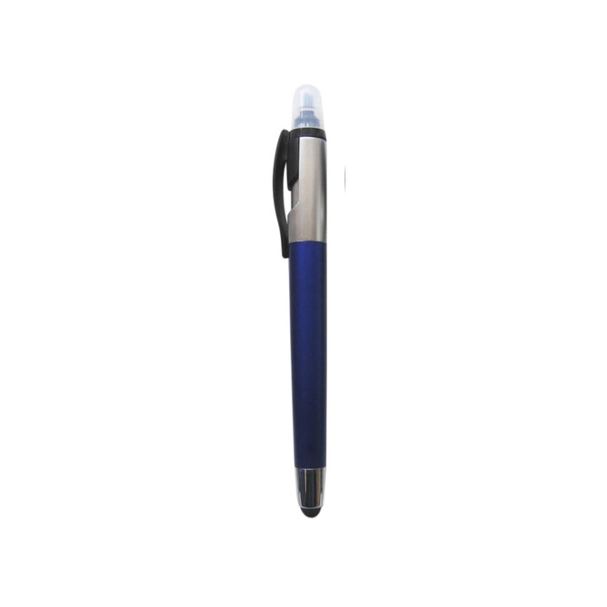 A blue ball pen with a highlighter tip and a stylus end, featuring a silver metal clip and accents.