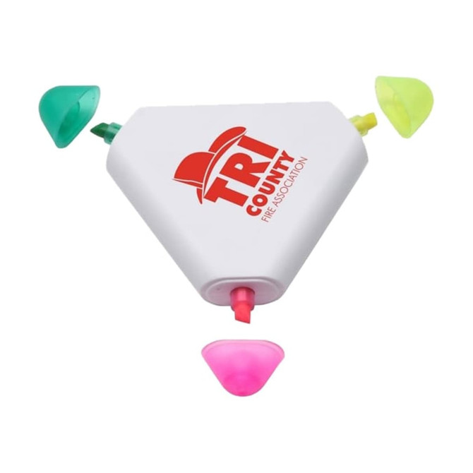 A triangular highlighter pen in white, featuring green, yellow, and pink highlighters, with a logo on one side.