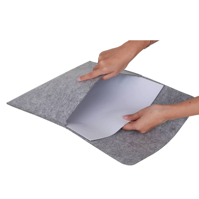 A small grey felt file pouch with an open flap, revealing a smooth interior. Hand shown for scale.