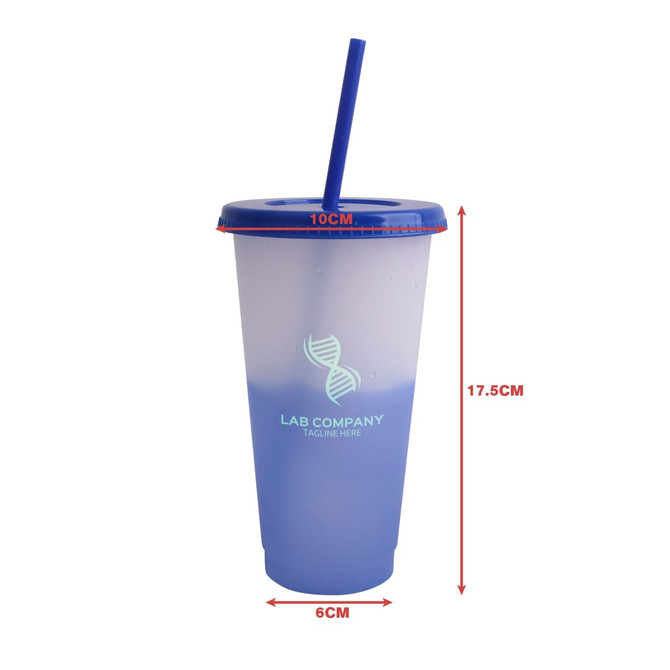 A drink bottle with a gradient design, featuring blue and clear plastic, a lid, straw, and a logo.