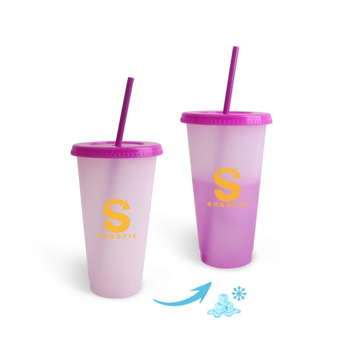 A plastic colour-changing cup with a purple lid and straw, showcasing a gradient effect from white to purple.