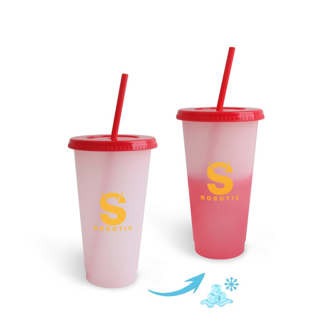 A drink cup with a red lid and straw, featuring a gradient colour change from clear to pink, and a logo.