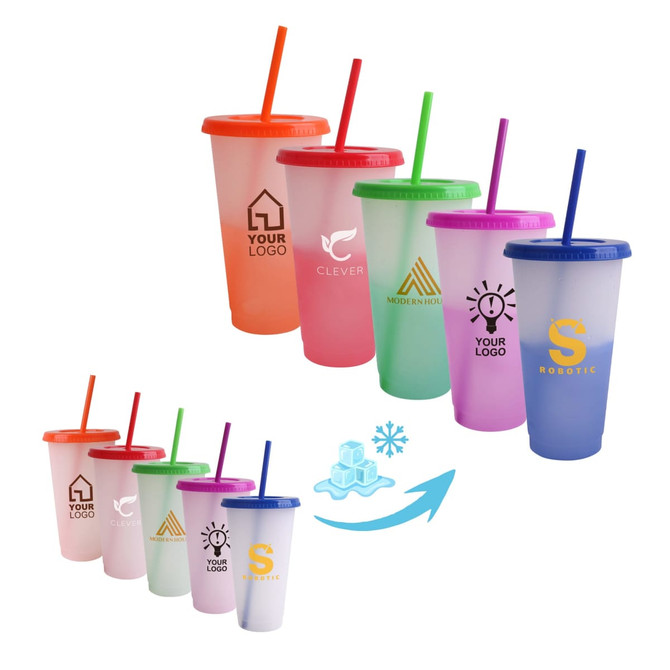 A collection of plastic colour changing cups with straws, featuring various pastel colours and logos.